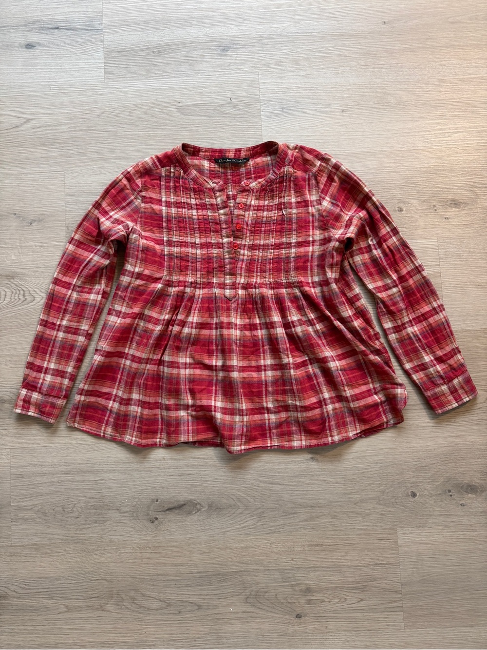 Babydoll Top Red Plaid Pintuck Peasant Blouse Women’s Medium Boho Fall Top